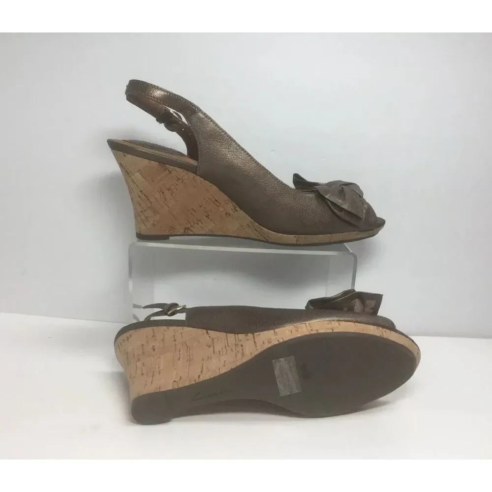 Clarks Artisan Slingback Wedge Shoes‎ Size 7.5 Women Brown Metallic Open Toe